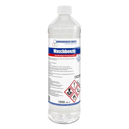 Waschbenzin Spezialreiniger – 1 L Flasche, hochwirksam für Fett, Öl, Teer, Kleber, Farbe, Tinte, Wachs, Kaugummi, für Kunststoffoberflächen, verdünnbar mit Wasser
