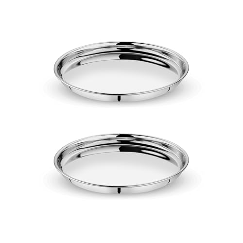 EMBASSY Stainless Steel Dinner Plate/Khumcha/Thali | Size 13 | Diameter - 29.5 cm | Pack of 2 | Perfect for Everyday Use, Catering, & Home Dining | Stackable | Mirror Finish