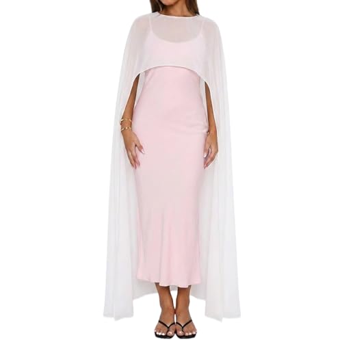 NVRENJIA Women Sheer Chiffon Long Cape Elegant High Low Hem Poncho Shawl and Wraps Cover Up for Evening Dress (White ONE SIZE)