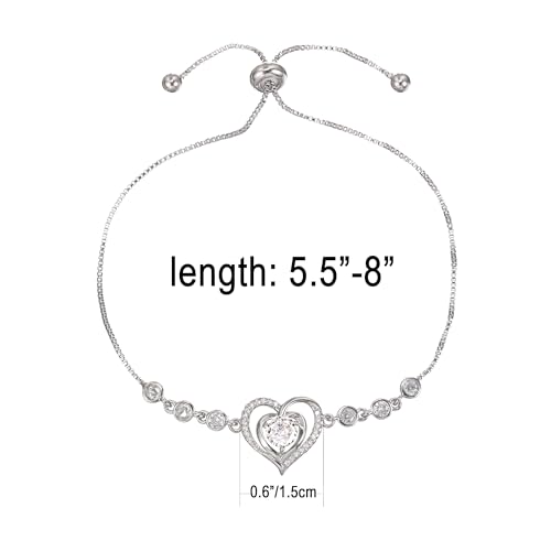 14K White Gold Plated Heart Bracelet for Women, Zircon Inlay Love Heart Charm Chain Bracelet Bangle with Adjustable Length2