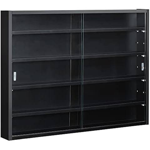HOMCOM 5-Tier Display Cabinet, Glass Door Cabinet with Adjustable Shelves, Wall-Mounted Display Case for Playroom, Bedroom, Black Cover