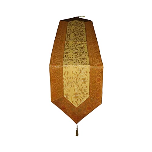 United Craft Art Traditional Indian Birthday Decorative Dining Table Runner Vintage Embroidery Floral Runner Handmade Silk Brocade Jacquard Kitchen Décor Home Décor Table Runner (Gold 14X72 Inch) #TOP2