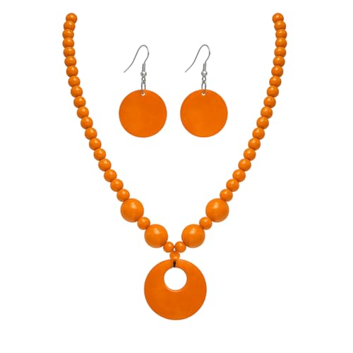 Vintage Wooden Round Beaded Choker Necklace Earrings Set Bohemian Multicolor Wood Beads Sweater Chunky Necklaces Geometric Ethnic Bib Costume Statement for Women Men Weeding Jewelry Gifts-Orange