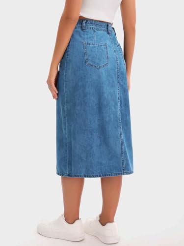 Women's Denim Skirt Button Down Front High Waist Pockets Midi Jean Skirts4