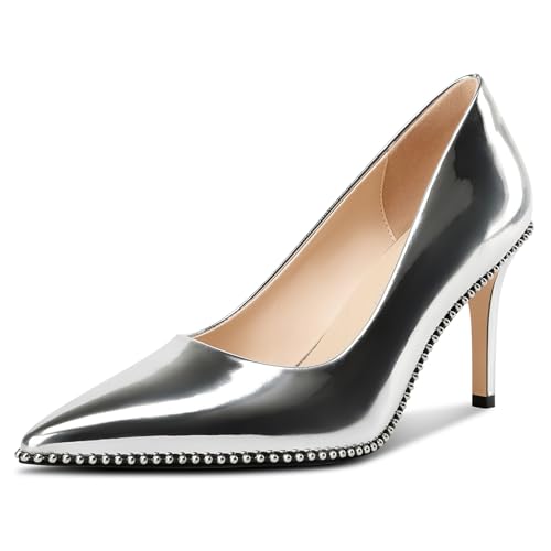 Image of TNYNFBEB Womens Stiletto Mid Heel Pointed Toe Pumps Slip-on Sliver Beaded Prom Wedding Dress Basic Classic Patent Leather 3.5 Inches Heels