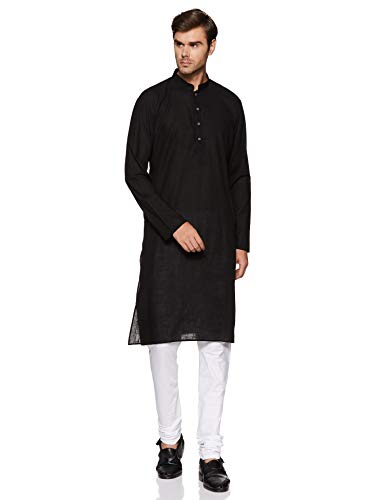 Ethnix Men's Indian Mandarin Collar Pure Cotton Textured Kurta Tunic Pajama Set; Black; LG