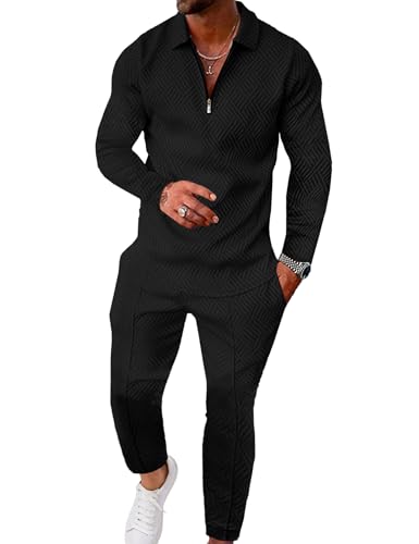 UOUA Mens 2 Piece Set Casual Outfits Polo Long Sleeve Shirt & Pants Track Suit Loungewear Athletic Sweatsuit Black L