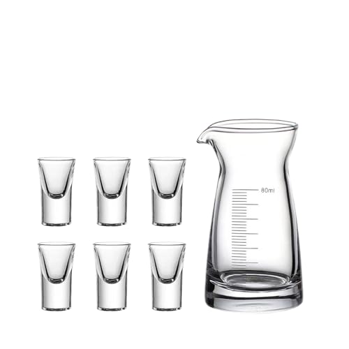HWJFDC Vasos Chupito Juego de 7 Copas de Vino de Vidrio Transparente for Bebidas espirituosas, Vasos de chupito de 15 ml con Fondo Grueso y dispensador de Vino Graduado de 80 ml