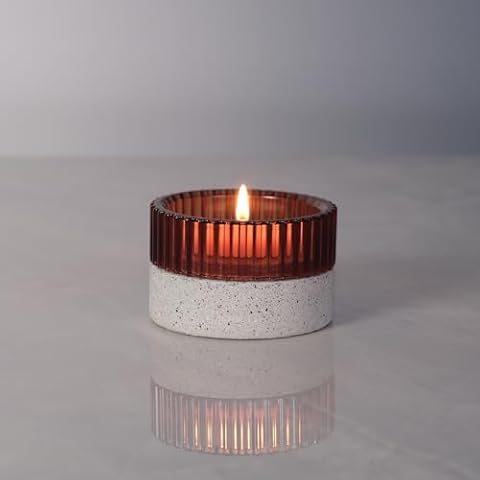 ICNBUYS Classic Vertical Stripes Tealight Candle Holder Brown- Beautiful Decorative Centerpiece Jar, Colorful Stripes Refract Light, Safe Sand Cement Base Cover