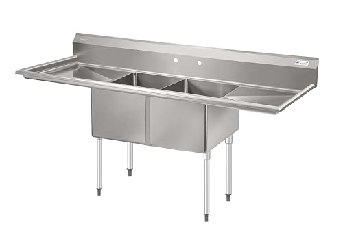 Image of KoolMore 72 in. 18-Gauge 2-Compartment Commercial Sink with Backsplash and Dual 18 in. Drainboards, Bowl Dimensions 18 inchx18 inchx14 inch in Stainless-Steel (KM-SB181814-18B3)