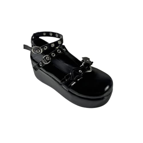 Image of Women's Platform Mary Janes Heart Cat Buckle Rivets Ankle Lolita Gothic Princess Platform Pumps Patent Leather Thorn Vintage Traditional Embroidery Upper Dress Shoes