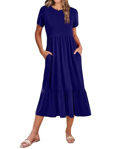 Image of Zeagoo Women Summer Midi A Line Dress Short Sleeve Casual Flowy Tiered Beach Long Sundress with Pockets 2026 Vacation Travel