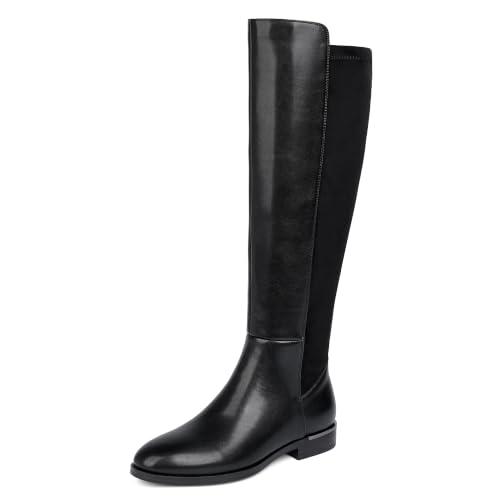 Image of Modatope Rounded Toe Flat Stretchy Dress Knee High Boots Side Zipper | Suede Elastic Fall Winter Boots, Low Chunky Block Heel Riding Boots,2026 Fashion Womens Tall Long Boots