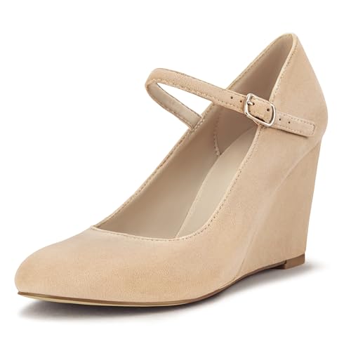 DIFEMA Womens Wedge Pumps with Ankle Strap for Dressy Ladies Mary Jane Shoes Closed Toe Wedges Heels for Women Nude