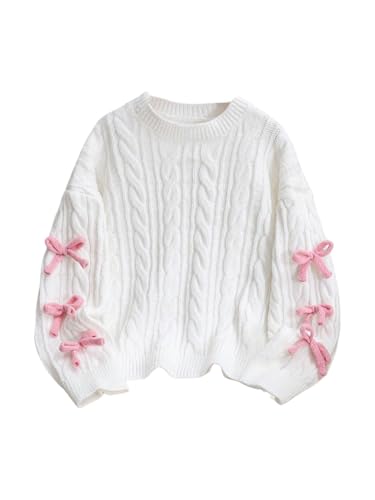 SHENHE Girls Bow Sweater Cable Knit Crewneck Long Sleeve Chunky Cute Preppy Sweaters White Pink 10 Years