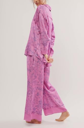 Image of Women Floral Satin Pajamas Long Sleeve Button Shirt Silk Wide Leg Pants Set