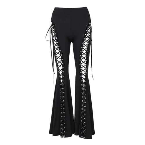 Insgoth Y2k Bell Bottom Pants for Woman Gothic Black Lace-Up Cutout Stretch Punk