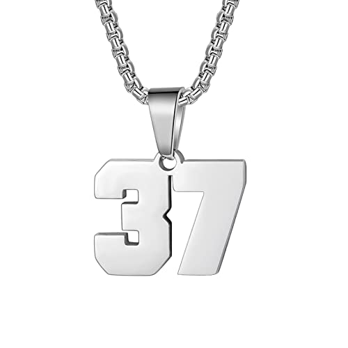 Susook Number Necklace for Boy Silver Stainless Steel Athletes Jersey Number Chain Personalized 00-99 Charm Pendant Inspirational Sports Jewelry Gift for Men Basketball Baseball Football(37)