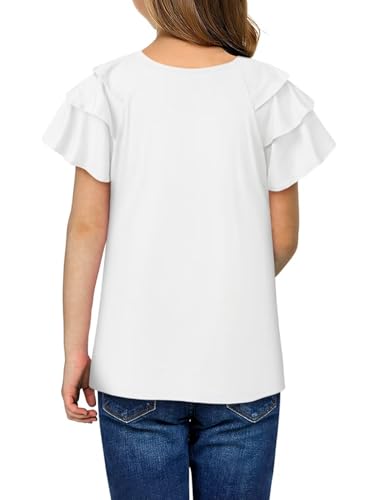 Girls Ruffle Sleeve Shirts Summer Cute Crewneck Blouse Tops 6-15 Years2