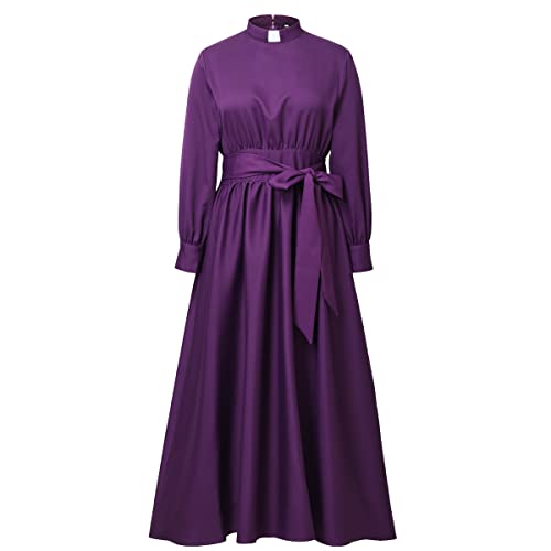Image of CAMDOM Church Clergy Dress for Women Long Sleeve A Line Elegant Maxi Dress with Tab Insert Stand Collar and BeltA