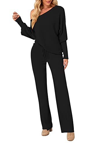Pink Queen Damen Zweiteiler Homewear set Fledermausärmel Eine Schulter Loungewear Kordelzug Weites Bein Hosen Schwarz L Pink Queen Damen Zweiteiler Homewear set Fledermausärmel Eine Schulter Loungewear Kordelzug Weites Bein Hosen Schwarz L