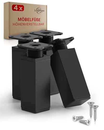 LouMaxx Möbelfüße verstellbar eckig– 4er Set 40x40x100mm in Schwarz inkl. Befestigungsplatte – Füße für Möbel aus Aluminium – Hochwertige Schrankfüsse für individuelle DIY-Möbel