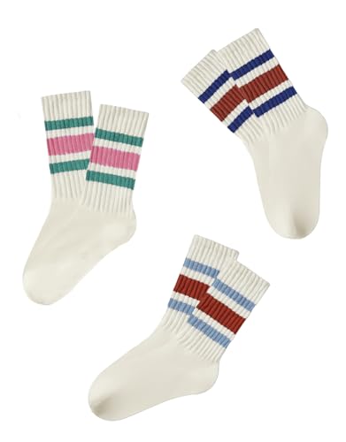 Image of 3 Pairs Women Striped Tube Socks Fun Novelty Cute Crew Socks Retro Sport Mid-Calf Socks for Women Grils