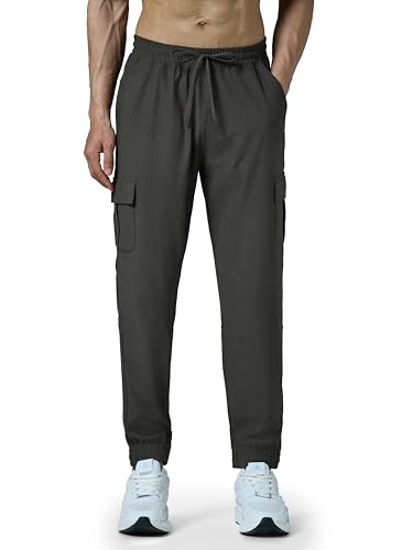 Image of TECHNOSPORT Men's Solid Slim Fit Sports Cargo Joggers DURACOOL+ Quick Dry Breathable Moisture Wicking Stretch Gym Track Pants Running Training Fitness Activewear