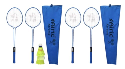 Image of Classic Double Shaft Xtreme Set of 4 with 3 Plastic Shuttles Badminton Kit (Blue)