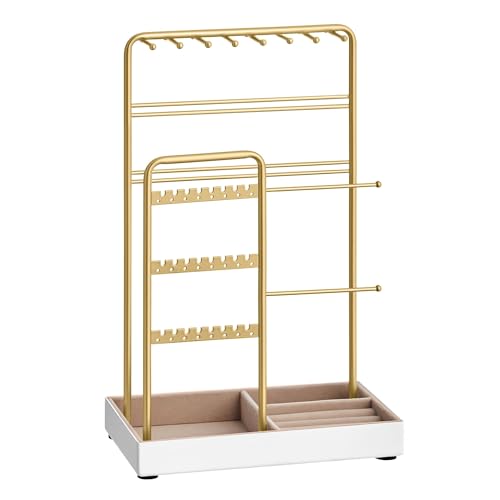 SONGMICS Jewellery Stand Jewellery Organiser Jewellery Display Stand with Metal Frame and Velvet Tray Earring Bracelet Holder Necklace Stand for Studs Rings Gift Idea Gold Colour JJS021A01