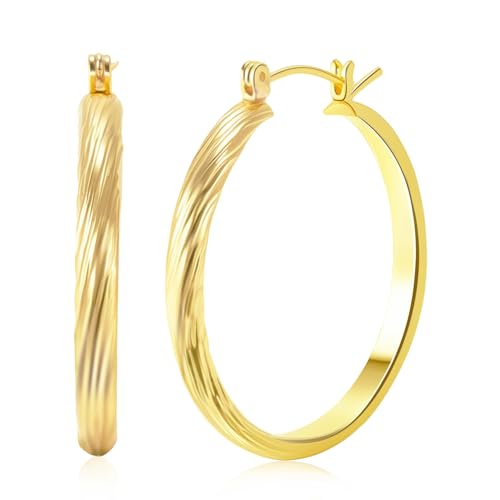 14K Gold Hoop Earrings For Women Trendy 14K Gold Earrings Classic Line Shiny Polished Hypoallergenic Earring for Women 35MM