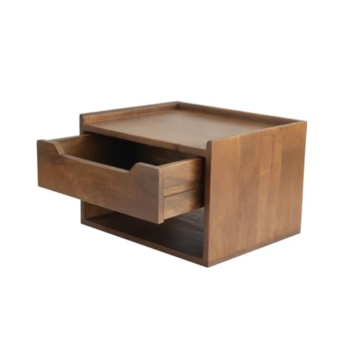 Image of Solid Sheesham Wood Wall Mounted Nightstand | Bedside Table with Drawer & Open Shelf | Space Saving Side Table for Bedroom & Living Room Decor | Modern End Table