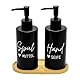 BoBoU 2er Set Glas Seifenspender schwarz matt 320ml Keramik Oberfläche Mattschwarzer Pumpenkopf mit Bambus tablett handgeschriebener Text Spülmittelspender Handseifenspender Küche Bad