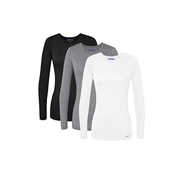Sivvan-3-Pack-Womens-Comfort-Long-Sleeve-T-ShirtUnderscrub-Tee Sivvan Scrubs for Women - Long Sleeve Comfort Underscrub Tee 3-Pack - S85003 - Black/Dark Marl Grey/White - S
