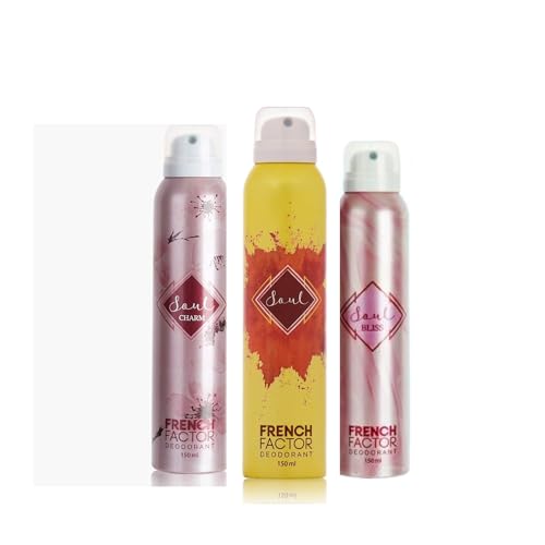 Image of French Factor Soul Combo Pack of 3 Deodorant Body Spray for Women | Soul Bliss, Soul Charm & Soul Deo | Long Lasting Fragrance | Luxury Gift Set Women | Made in India | 150ml Each