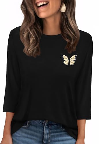 WIHOLL Womens 3/4 Sleeve Garphic Tees Dreesy Casual Tunic Tops to Wear with Leggings Early Fall Fashion Clothing Butterfly Print Travel Boho Outfits Winter Clothes Plus Size XL