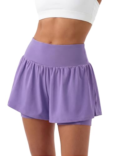 Stelle Women 2 in 1 Running Shorts Flowy Athletic Short High Waisted Workout Tennis Gym Short with Liner Pockets (Lavender L)