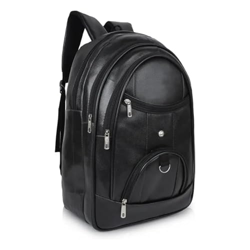 Image of Laptop Backpack for Men & Women | Black Faux Leather Office & Travel Bag 40L | Spacious Laptop Compartment | Front Organizer Pocket | College, Business & Daily Use