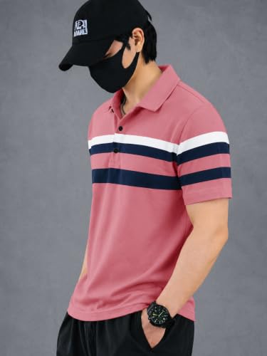 Image of Noble Monk Men's Striped Polo Neck Half Sleeve Casual T-Shirt with Regular Fit