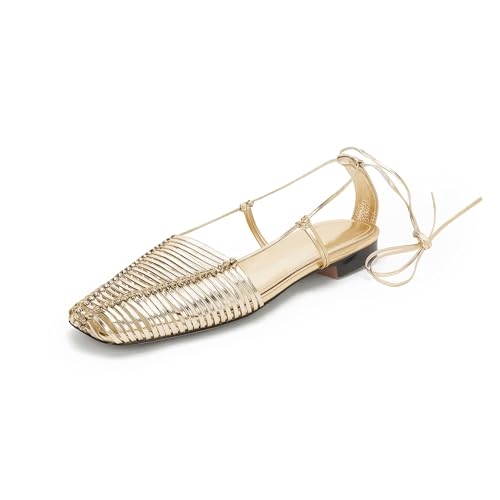 JANSEVEN Woven Flats for Women Slingback Ballet Flats Sandals Comfortable Dress Shoes Square Toe Lace Up Ballerina Flats Summer Beach Flat with Adjustable Strap