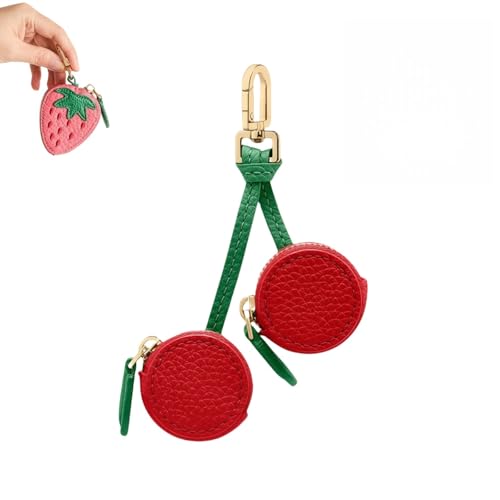 Fruit Mini Coin Purse Keychain,Cute Fruit Leather Bag Charm,Strawberry Keychain with Zipper Backpack,Mini Keychain Accessory for Women and Girls(Cherries)