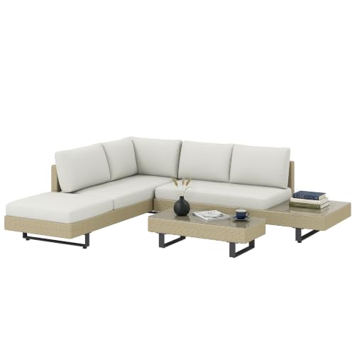 Outsunny Conjunto de Jardín Exterior de Ratán de 3 Piezas Resistente Beige