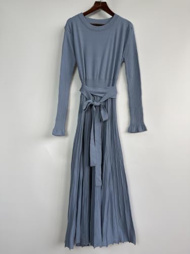 Image of RanRui Womens Winter Fall Pleated Knitted Fit and Flare Long Sleeve Sweater Dress