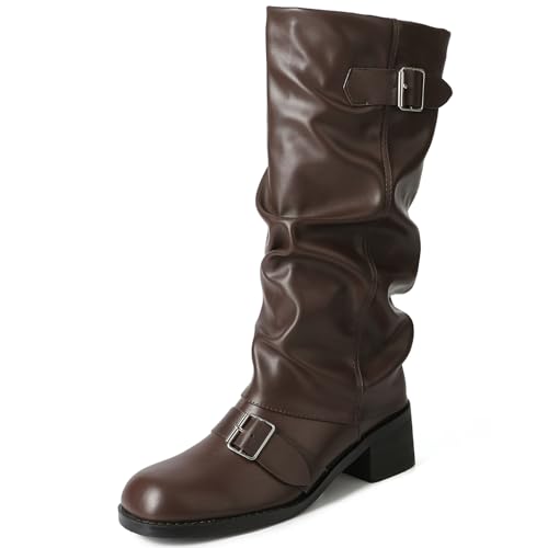 YIYA Women's Slouchy Fold Over Knee High Boots Motorcycle Buckle Square Toe Chunky Low Heels Wide Calf Goth Biker Riding Long Boots - Main Image