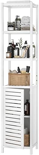 Homykic Bathroom Storage Cabinet Bamboo, 6-Tier 67 Inch Tall Narrow Linen Floor Standing Tower Cabinet Organizer with Shutter Door and Open Shelves for Kitchen, Living Room, Bedroom, White