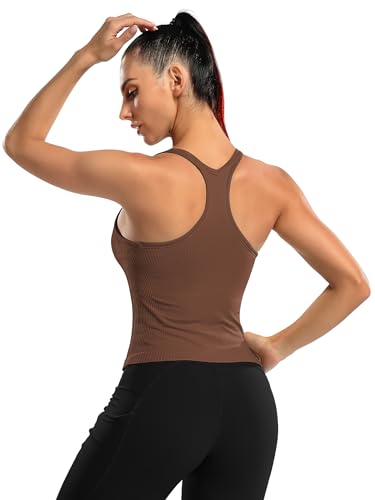 Image of ATTRACO Ribflex Ribbed Workout Crop Tops with Built in Bra for Women Yoga Racerback Tank Top Slim Fit
