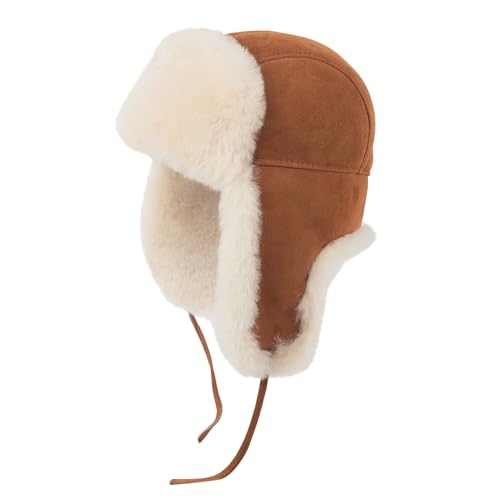 Zessano Unisex Fliegermütze aus Schafsleder, Russische Ushanka...