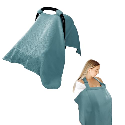 Image of Hooyax 2-in-1 Baby Car Seat Cover & Nursing Cover, 100% Muslin Cotton, Breathable Car Seat Canopy and Privacy Breastfeeding Cover, Blue