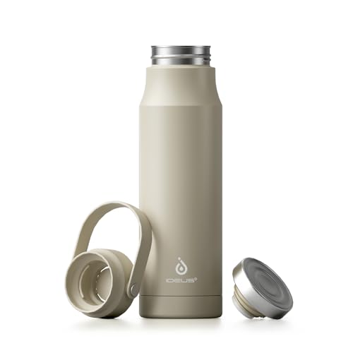 Ideus Insulated Stainless Steel Water Bottle 17 oz Push Button Lid & Leakproof Travel Mug for Hot/Cold Beverages Fits Most Cup Holder (Celadon White)