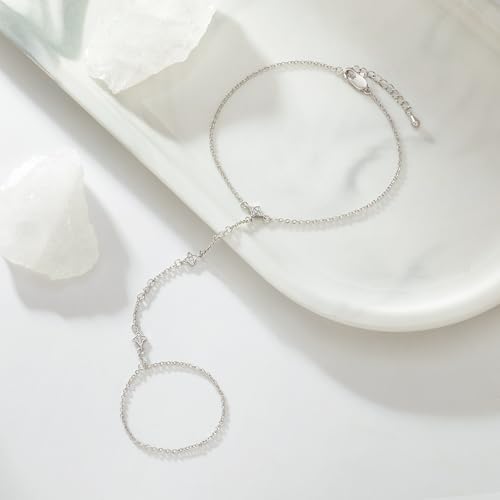 Gold Bracelets for Women 14K Gold Plated Hand Chain Bracelet Dainty Trendy Ring Chain Bracelet Charm Link Adjustable Cubic Zirconia Hand Bracelets Jewelry Gifts for Women